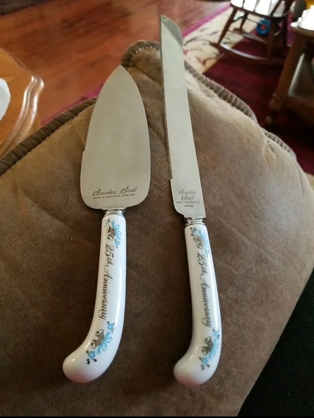 25th Anniversary White and Blue Cake Knife and Server Set - Stainless Steel